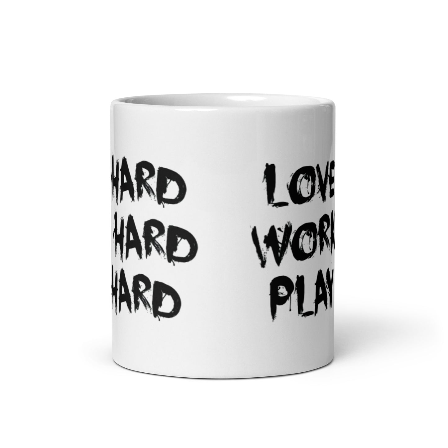 Love, Work, Play Hard - White glossy mug